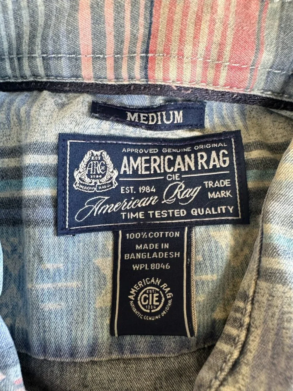 American Rag Men's Blue Pink Striped Tribal SS Button Front Shirt Medium Cotton